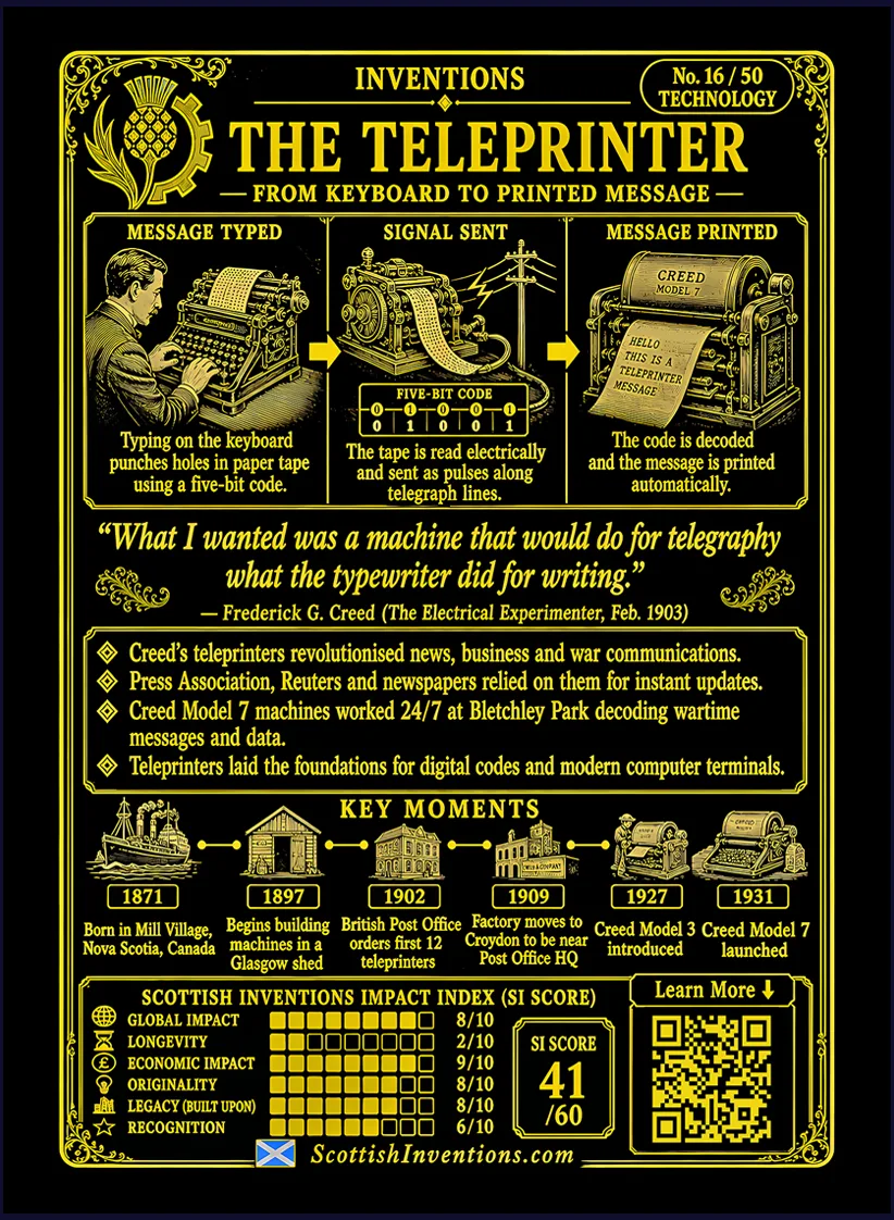 The Teleprinter card reverse — flow diagram showing keyboard punching coded tape, five-bit Baudot code sent over wire, receiving machine printing the message automatically, Frederick Creed timeline from 1871 to Second World War Bletchley Park deployment, honest context panel noting Baudot Murray and Krum as co-contributors
