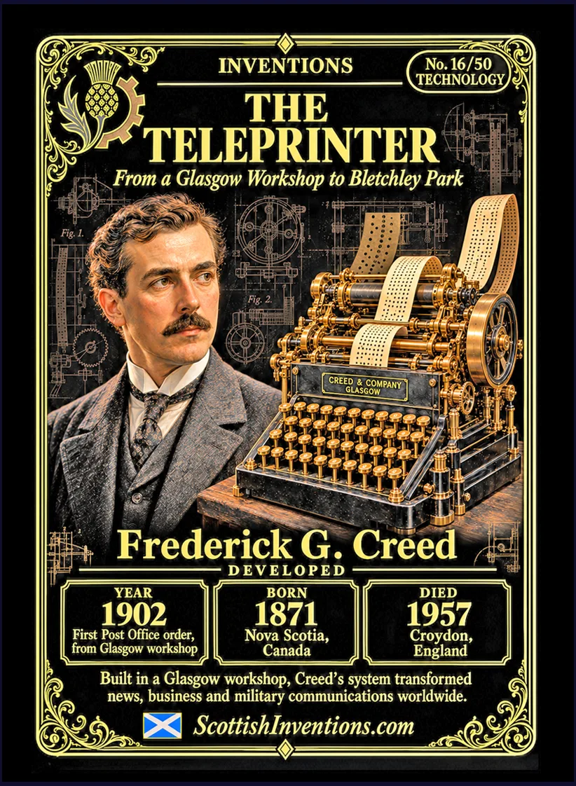 The Teleprinter collectible card — Frederick G. Creed, born Mill Village Nova Scotia Canada 1871, died Croydon England 1957, developed the first practical mass-produced teleprinter system in Glasgow from 1897, winning a Post Office order in 1902, Scottish Inventions Collection No. 16 of 50