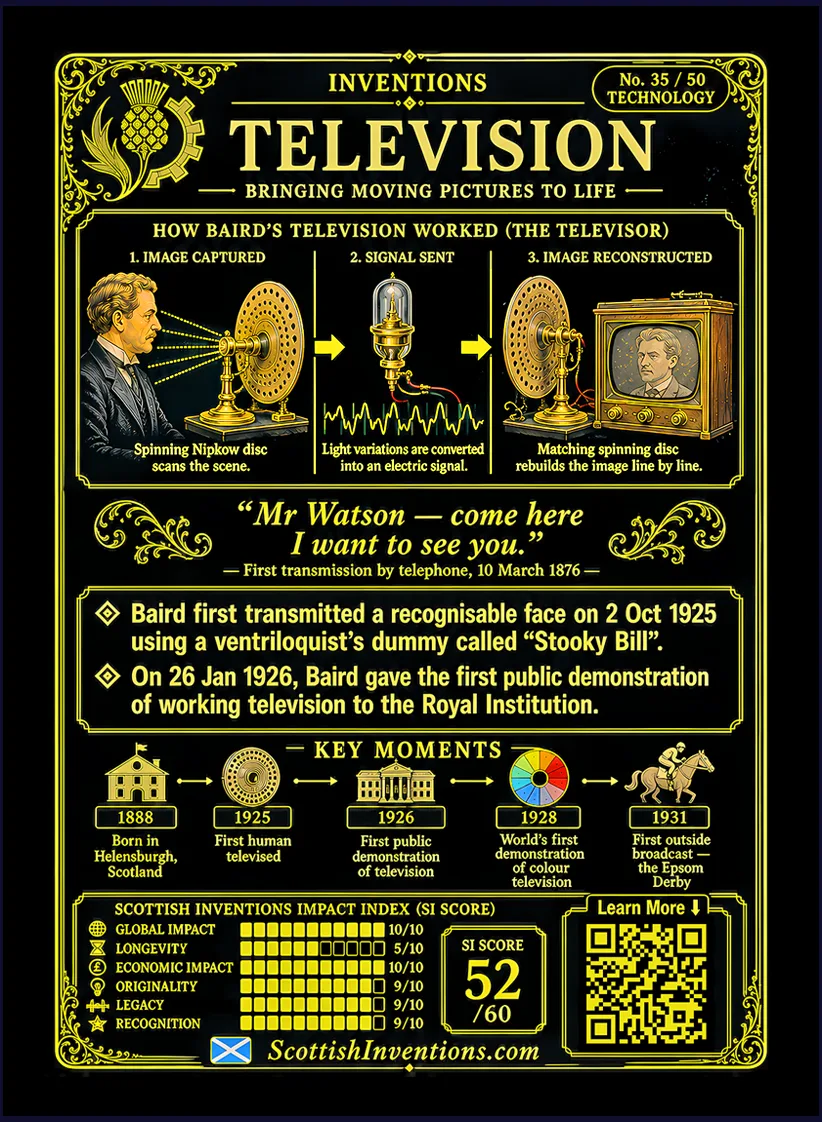 Television card reverse — simple three-stage diagram showing the spinning Nipkow scanning disc, electrical signal transmission and image reconstruction; timeline from Baird's first televised human image in 1925 to colour television and the first transatlantic television broadcast in 1928; explains how mechanical television became the foundation of modern broadcasting.