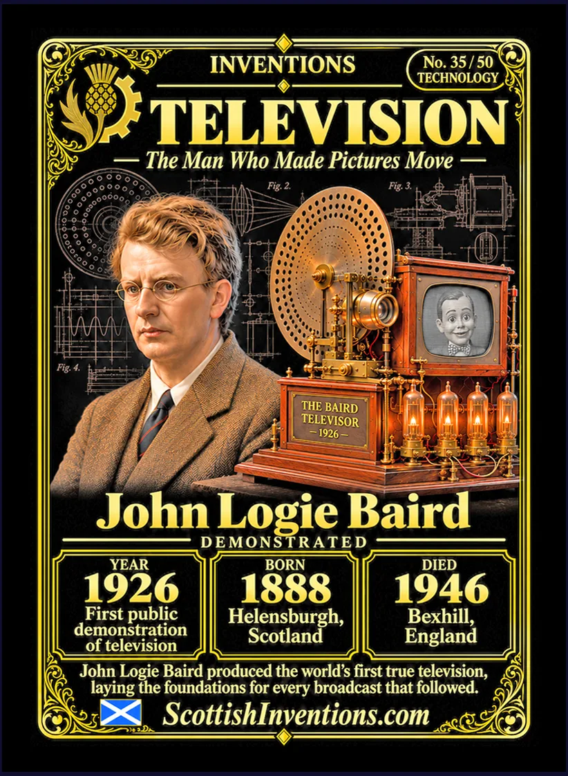 Television collectible card — John Logie Baird, born Helensburgh, Scotland, 13 August 1888; died Bexhill-on-Sea, England, 14 June 1946; inventor of the world's first practical television; first public demonstration at 22 Frith Street, London, on 26 January 1926; Scottish Inventions Collection No. 35 of 50.