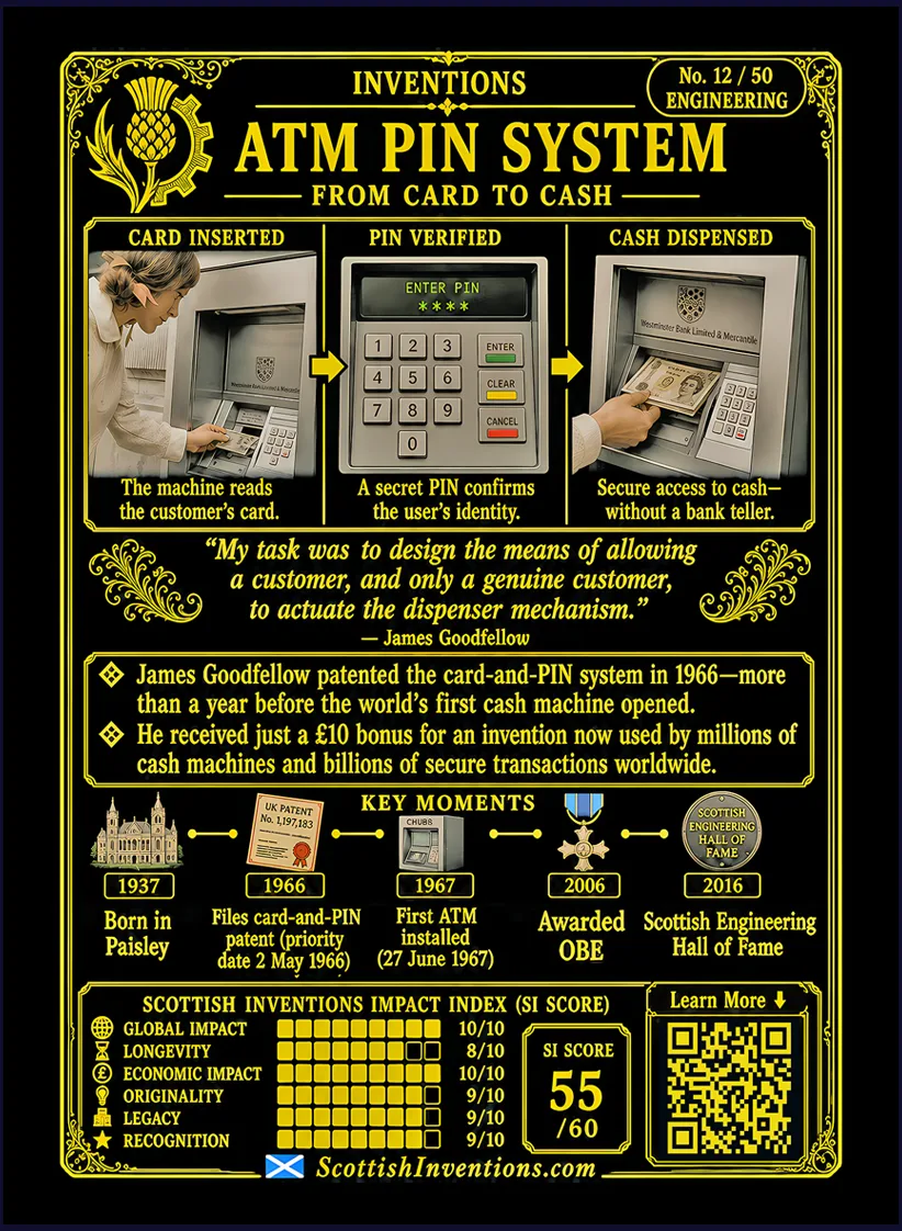 The ATM and PIN card reverse — flow diagram showing card inserted into machine, customer entering PIN on numeric keypad, cash dispensed on verified match, James Goodfellow timeline from 1937 to 2016, myth-busting panel distinguishing Goodfellow's 1966 card-and-PIN patent from Shepherd-Barron's 1967 radioactive voucher machine