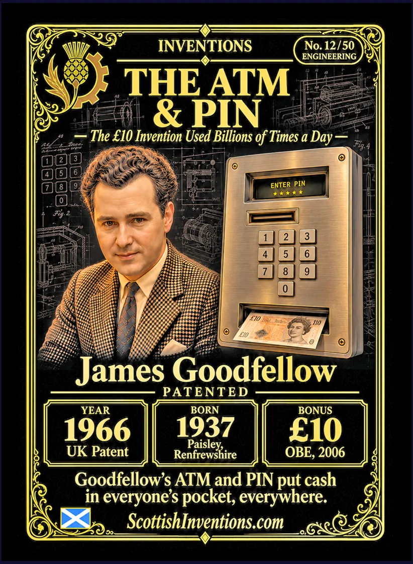 The ATM and PIN collectible card — James Goodfellow, born Paisley Renfrewshire Scotland 1937, patented the card and PIN cash machine system on 2 May 1966 in UK Patent GB1197183, one year before the first ATM was installed at Barclays Enfield, received a ten pound bonus and an OBE in 2006, Scottish Inventions Collection No. 12 of 50