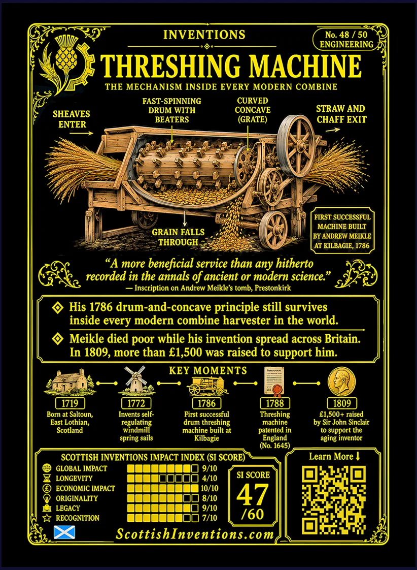 The Threshing Machine card reverse — diagram of the drum and concave mechanism with wheat entering and grain falling free, Andrew Meikle timeline from 1719 to 1788, myth-busting note on the Kilbagie location and the Arthur Young subscription claim