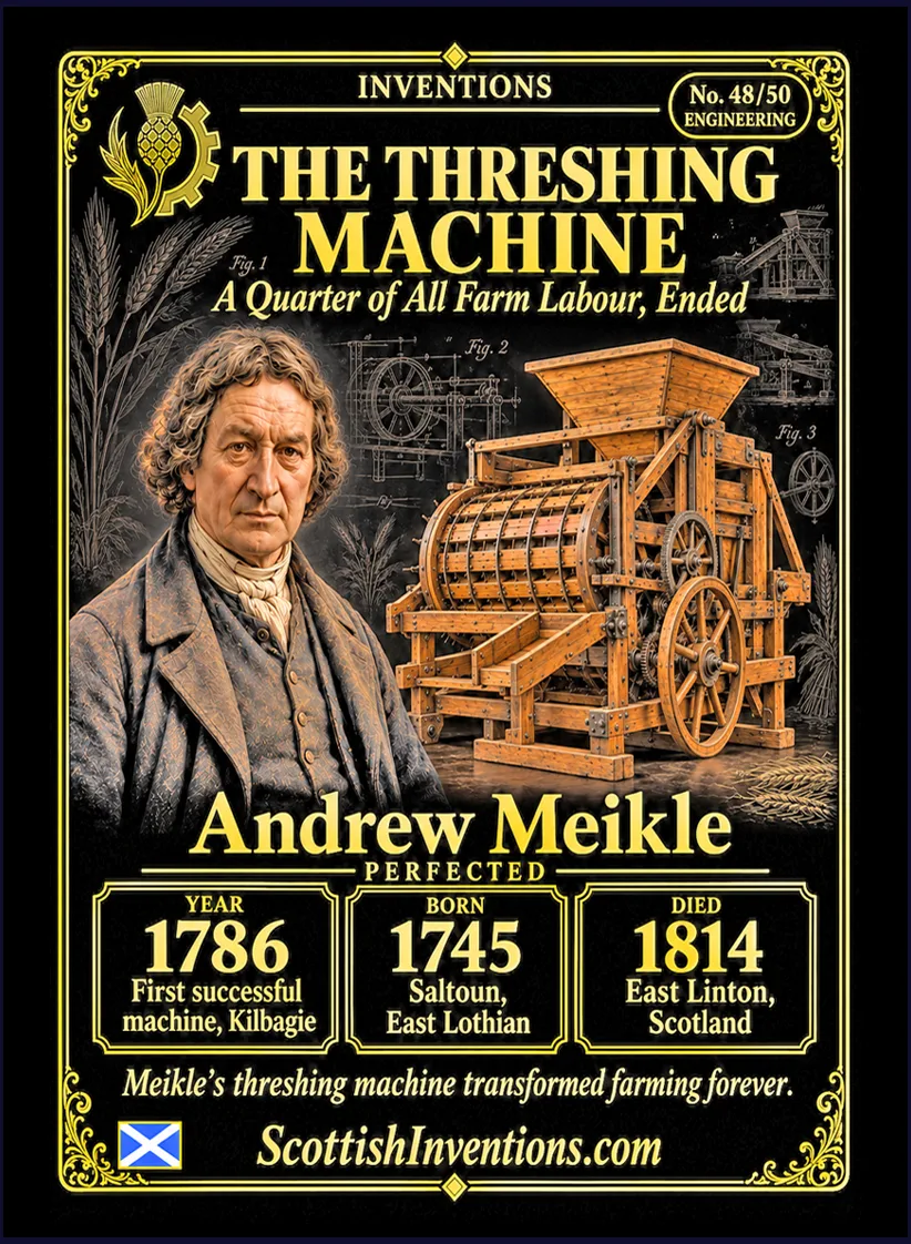 The Threshing Machine collectible card — Andrew Meikle, born Saltoun East Lothian Scotland 1719, died East Linton Scotland 1811, perfected the drum-and-concave threshing machine in 1786, patented 1788, the mechanism still used in every combine harvester today, Scottish Inventions Collection No. 48 of 50