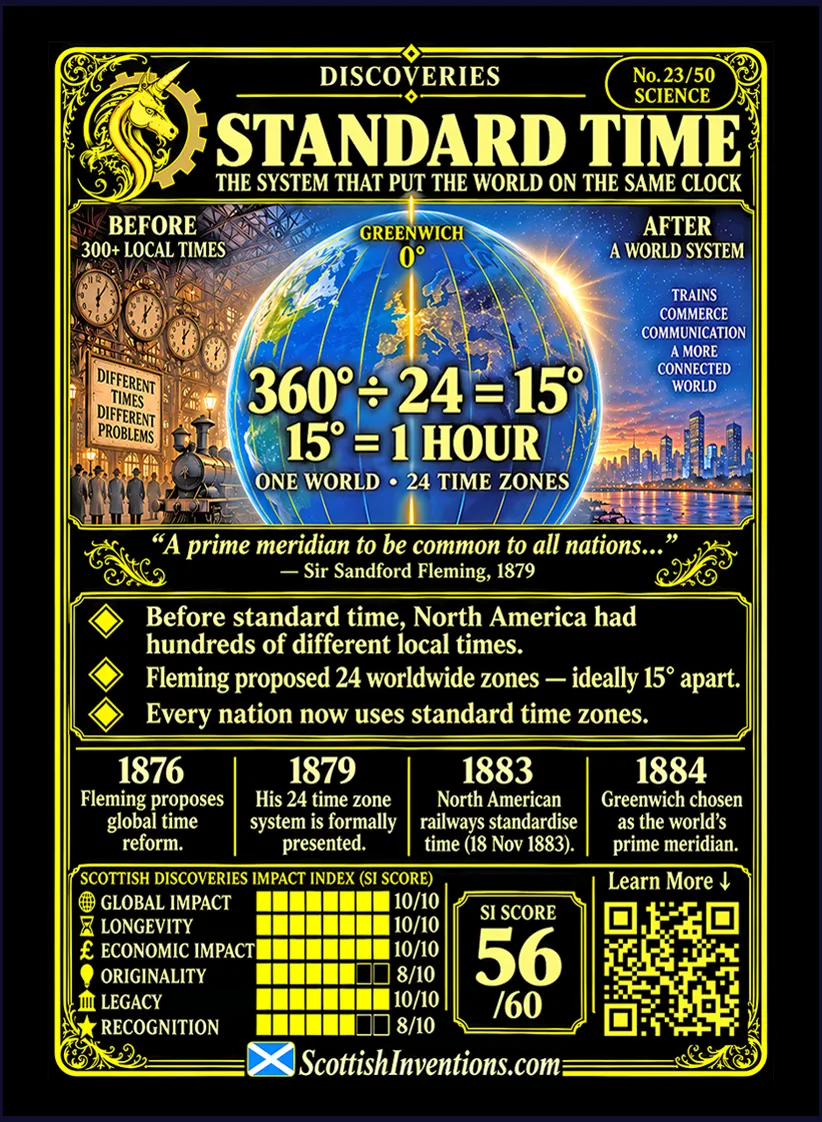 Back of the Universal Standard Time collectible card, summarising Sandford Fleming's contribution.