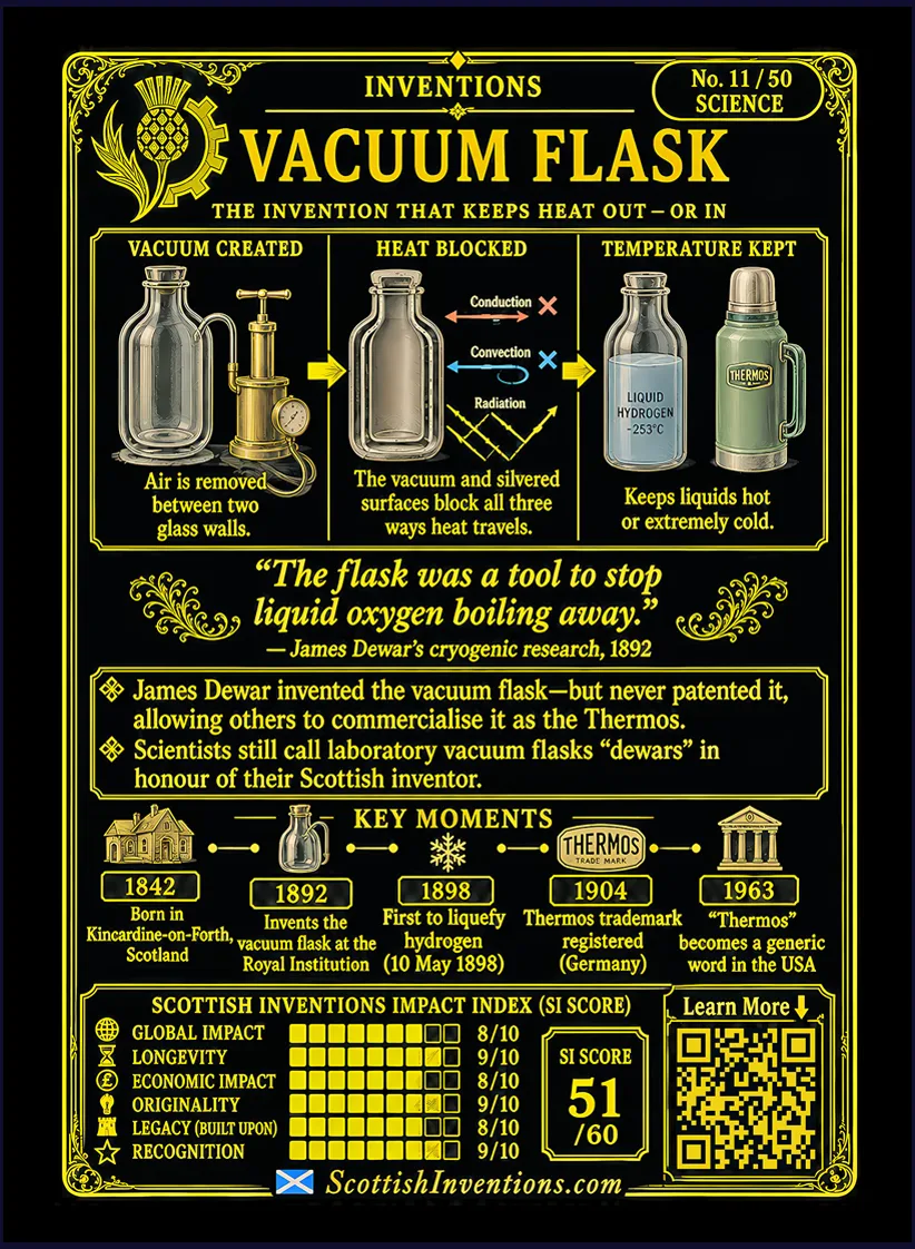 The Vacuum Flask card reverse — diagram explaining how the vacuum, silvered walls and narrow neck minimise heat transfer, timeline from Dewar's invention to the Thermos, showing how the Dewar flask became essential to cryogenics, medical imaging and scientific research