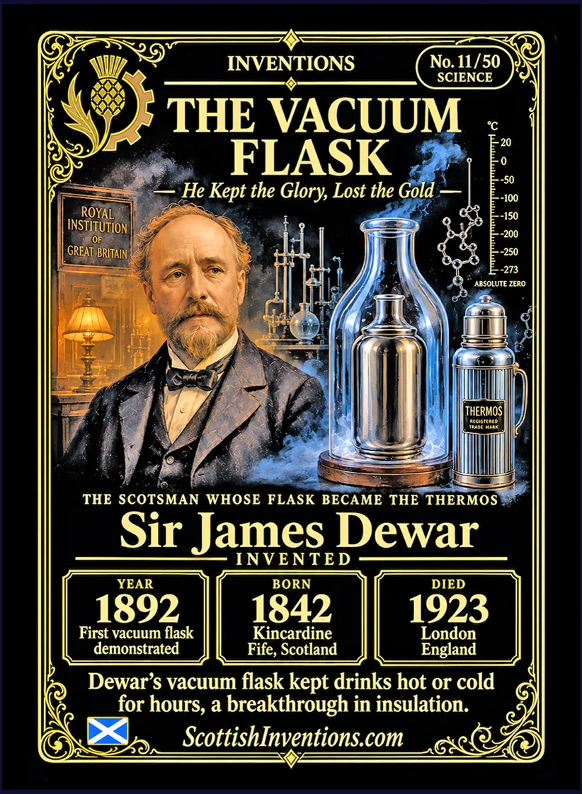 The Vacuum Flask collectible card — Sir James Dewar, born Kincardine-on-Forth, Fife, Scotland 20 September 1842, invented the vacuum flask in 1892 while researching liquefied gases at the Royal Institution, Scottish Inventions Collection No. 11 of 50