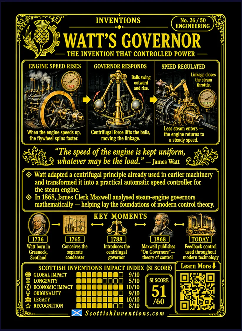Watt's Governor card reverse showing how the centrifugal governor automatically controls steam engine speed through mechanical feedback, with engineering diagram, historical timeline and its legacy in modern automation and control theory