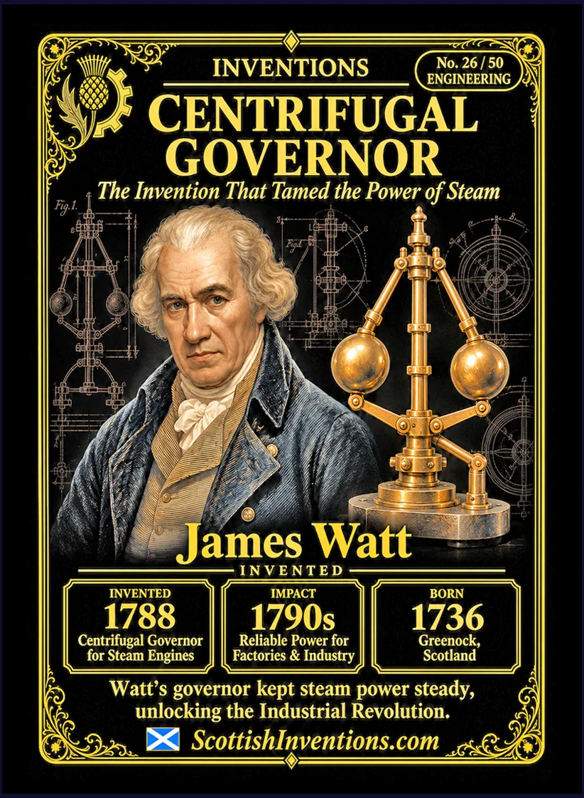 Watt's Governor collectible card featuring James Watt and the centrifugal governor that automatically regulated steam engine speed, one of history's first practical feedback-control systems, Scottish Inventions Collection No. 26 of 50