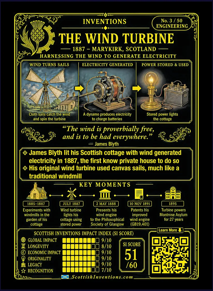 The Wind Turbine card reverse — process diagram showing wind turning cloth sails, a dynamo generating electricity, and accumulators storing power for electric lighting; James Blyth timeline from 1839 to his 1891 wind engine patent; legacy panel explaining how Blyth proved wind could generate and store usable electricity