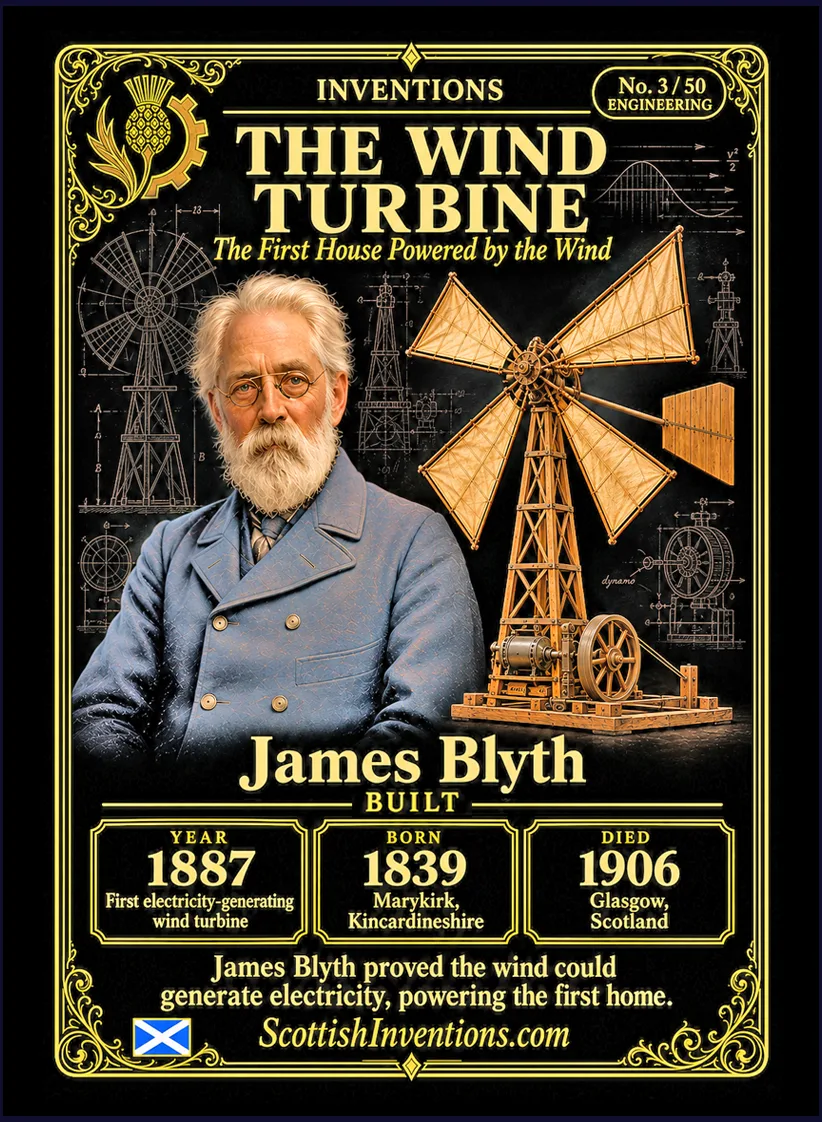 The Wind Turbine collectible card — James Blyth, born Marykirk Kincardineshire Scotland 1839, died Glasgow Scotland 1906, built the world's first electricity-generating wind turbine in July 1887 and used it to light his cottage at Marykirk, Scottish Inventions Collection No. 3 of 50