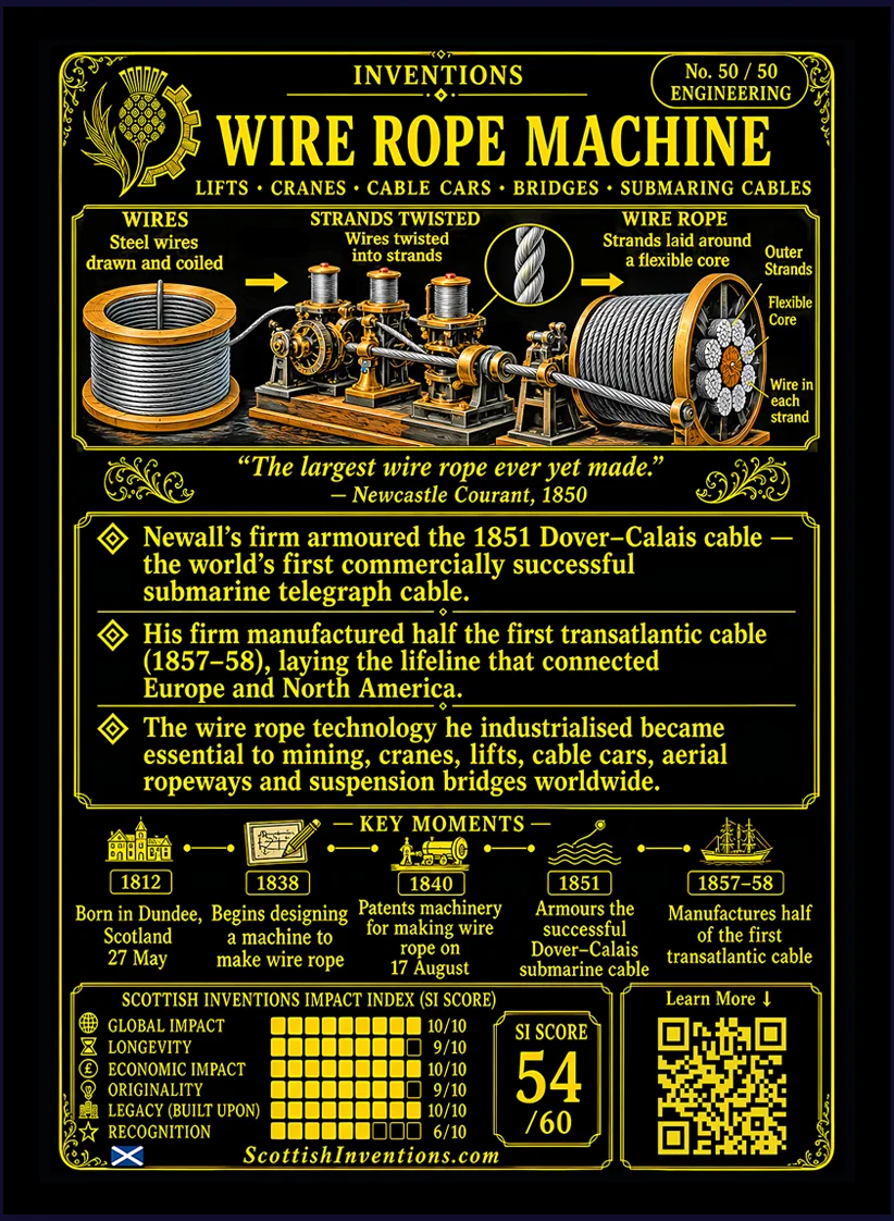 Wire Rope card reverse — engineering diagram explaining the construction of wire rope with hemp core and twisted steel strands, Robert Stirling Newall timeline from 1840 patent to the first Atlantic cable, plus historical context explaining his industrialisation of wire-rope manufacture.