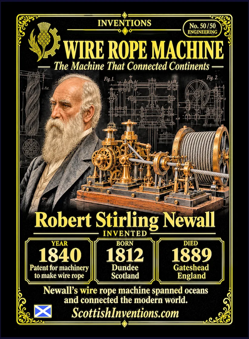 Wire Rope collectible card — Robert Stirling Newall, born Dundee Scotland 1812, died Gateshead England 1889, patented machinery for manufacturing wire rope on 17 August 1840, industrialised modern wire-rope production, Scottish Inventions Collection No. 50 of 50