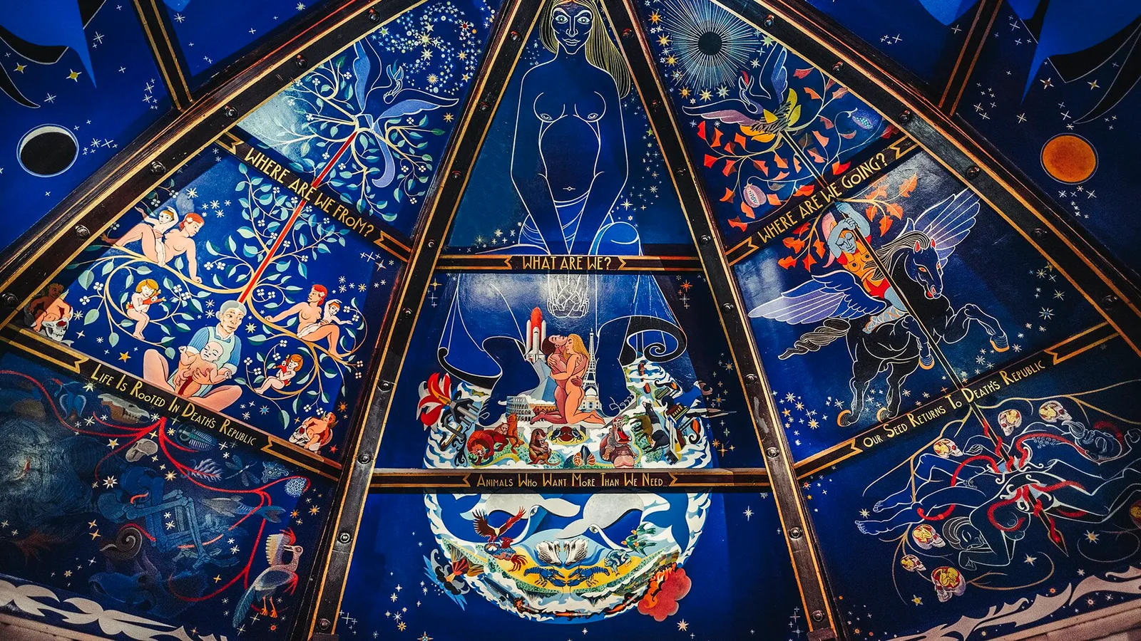 A professionally shot photograph of part of Alasdair Gray's ceiling mural in the Oran Mor in Glasgow, painted about 2004.