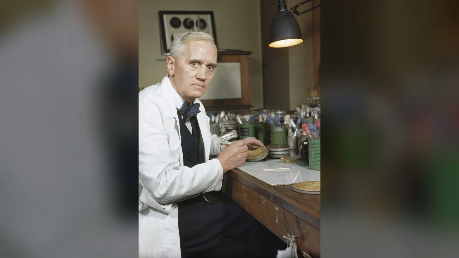 Synthetic Production of Penicillin Professor Alexander Fleming, holder of the Chair of Bacteriology at London University, who first discovered the mould Penicillin Notatum. Here in his laboratory at S