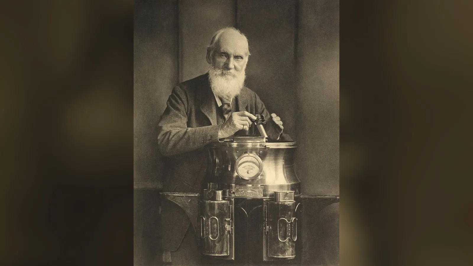 "Sir William Thomson, Baron Kelvin, 1824 - 1907. Scientist, resting on a binnacle and holding a marine azimuth mirror" Carbon print, 19.00 x 14.70 cm
