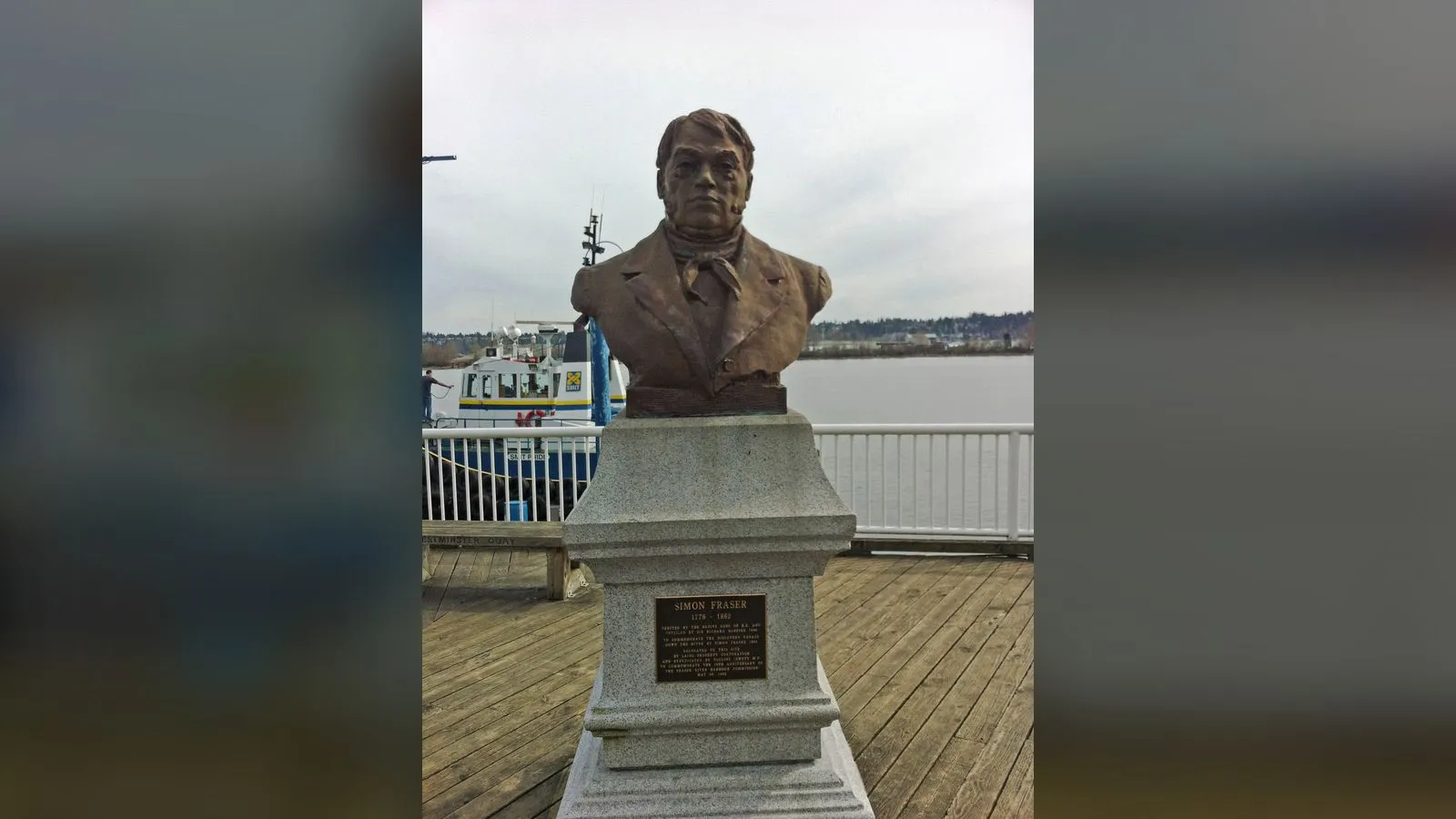 A bust of Simon Fraser, the explorer, by the Fraser River, New Westminster, BC, March 24, 2013
